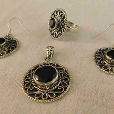 Thai Black Spinel Pendant, Ring, and Earring Set