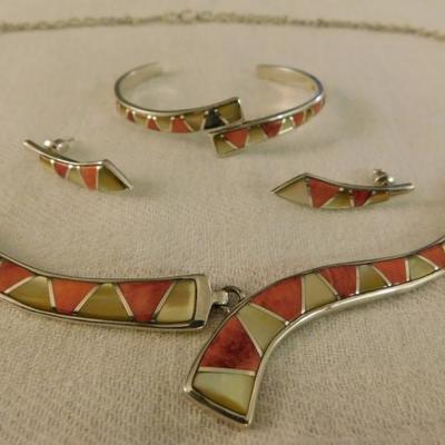 Southwestern Style Mother of Pearl and Spiny Red Oyster Sterling Silver Set