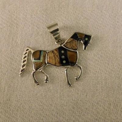 Southwestern Style Horse Pendent Multi Stone Inlay Set in Sterling