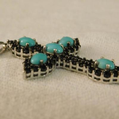 Arizona Sleeping Beauty Turquoise Cross Pendant With Thai Black Spinel