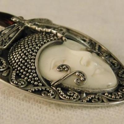 Artisan Crafted Dragonfly Carved Bone Goddess in Sterling Silver