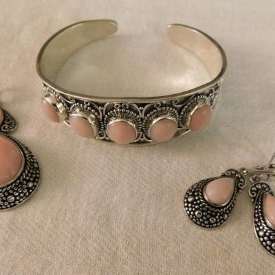 Peruvian Pink Opal Artisan Crafted Cuff, Earring, and Pendant Set