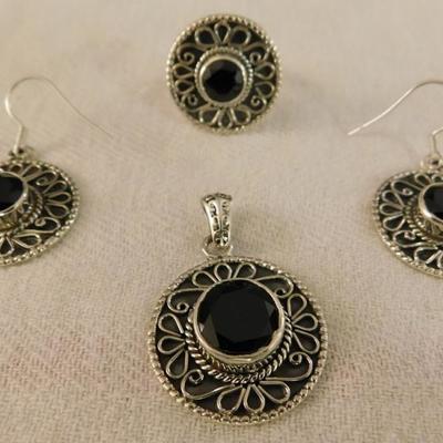 Thai Black Spinel Pendant, Ring, and Earring Set