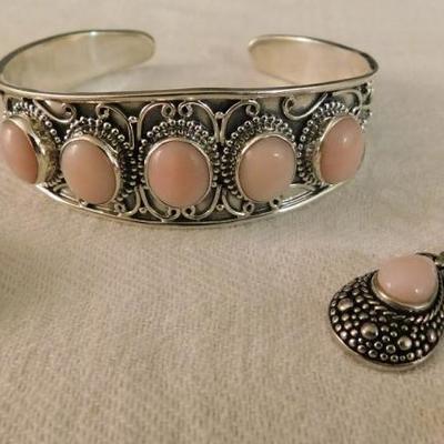 Peruvian Pink Opal Artisan Crafted Cuff, Earring, and Pendant Set