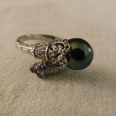 Tahitian Pearl Bypass Ring Size 9.5 with White Zircon Accent