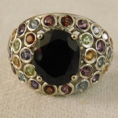 Australian Black Tourmaline Faceted Ring with Multi Stone Accents Size 10