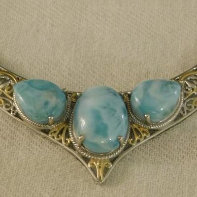 Larimar Necklace, Ring, and Earring Set 14kt Yellow Gold Over Sterling