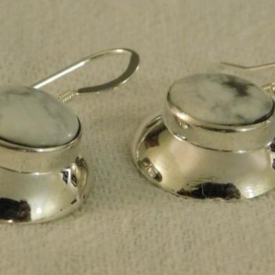 White Buffalo Turquoise Round Earrings Set in Sterling
