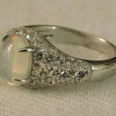 Ethiopian Welo Opal Size 9 Ring with Cambodian White Zircon Accents 
