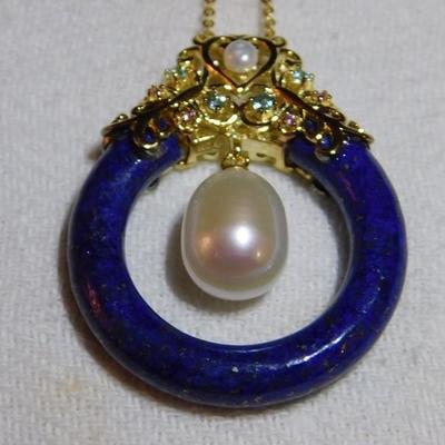 Lapis Lazuli Pendant with Fresh Water Pearls and Tanzanite Accents