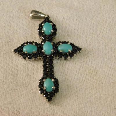 Arizona Sleeping Beauty Turquoise Cross Pendant With Thai Black Spinel
