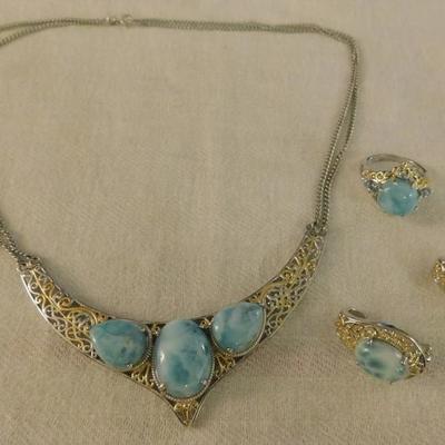 Larimar Necklace, Ring, and Earring Set 14kt Yellow Gold Over Sterling