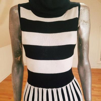 Alice+Olivia striped black/white turtle neck body con dress wool/viscose content