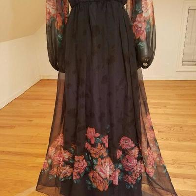 Vtg Victor Costa 1970's floral chiffon maxi gown semi empire