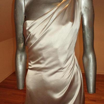 Couture Jackie Rogers silver single shoulder silk grecian draped bias gown