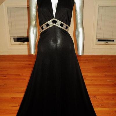 Vtg halter maxi gown Studio St. Croix gold and velvet empire sash