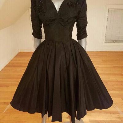 Vtg Bernetti Original Couture 1950's full sweep shantung beaded dress V 