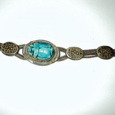 Vtg 1940's old silver scarab bracelet  Beetle filigree embossed from Egypt