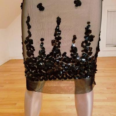 Vtg 1940's Illusion wiggle Cocktail dress Tulle/Sequins metal zip 