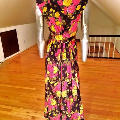 Vtg 1960's brushed jersey maxi floral gown Austrian crystal  buttons tie back