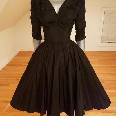 Vtg Bernetti Original Couture 1950's full sweep shantung beaded dress V 