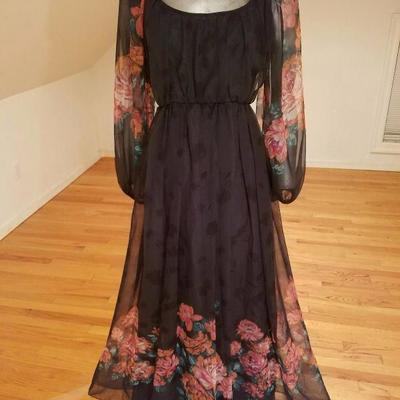 Vtg Victor Costa 1970's floral chiffon maxi gown semi empire