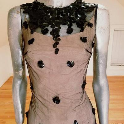 Vtg 1940's Illusion wiggle Cocktail dress Tulle/Sequins metal zip 