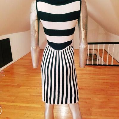 Alice+Olivia striped black/white turtle neck body con dress wool/viscose content