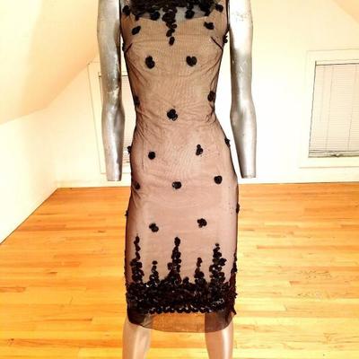 Vtg 1940's Illusion wiggle Cocktail dress Tulle/Sequins metal zip 