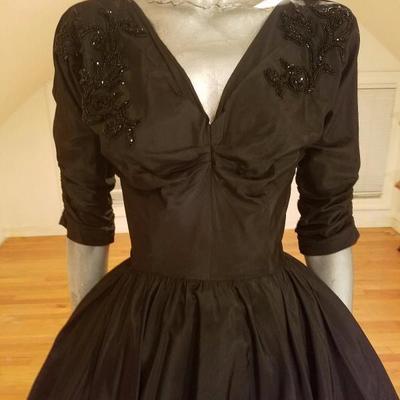 Vtg Bernetti Original Couture 1950's full sweep shantung beaded dress V 