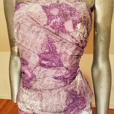 Vtg silk violet Jovani strapless beaded gown with cover scarf 