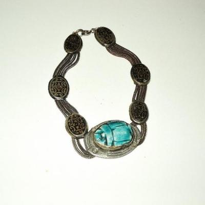 Vtg 1940's old silver scarab bracelet  Beetle filigree embossed from Egypt