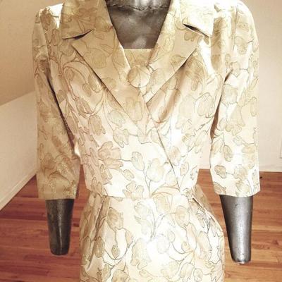 Vtg 1940's gold Brocade dress/jacket  ensemble large button metal zip
