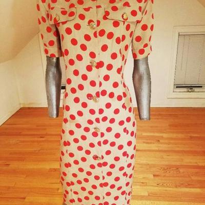 Vtg Missoni Linen polka dot shirt dress gold crest buttons