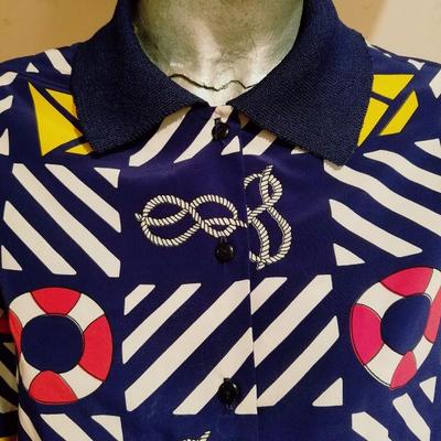 Vtg Castleberry London Maritime Blouson top knit borders L/XL