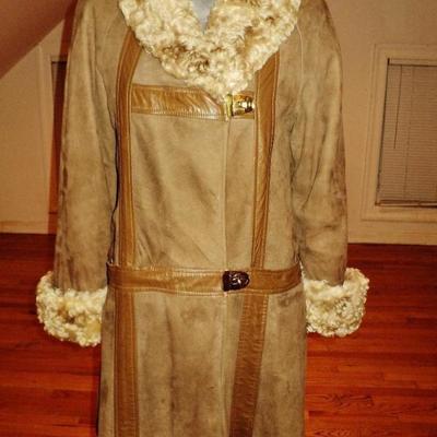 Vtg 1970's shearling mouton suede camel leather coat