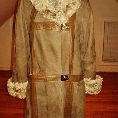 Vtg 1970's shearling mouton suede camel leather coat