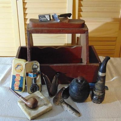 Assortment Of  Items pipes ,shoe horns, fossil watch. shoe shine box
