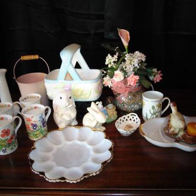 Assorted Glassware  4 Bone China Mugs,Milk glass Vase,Egg plate