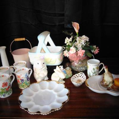 Assorted Glassware  4 Bone China Mugs,Milk glass Vase,Egg plate