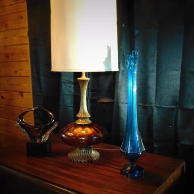 Retro Amber Colored Lamp/Art Glass vase, Glass Basket