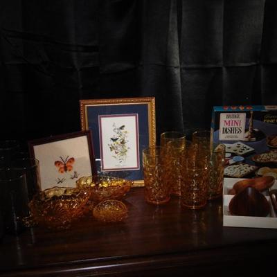 Amber Glass,Reto Wooden Dishes, Butterfly Pictures