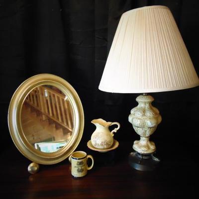  Wooden Mirror with Stand, Retro Lamp,Small Bowl & Pitcher and More....