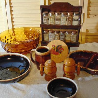 Assortment of brown pottery ,Spice Rack