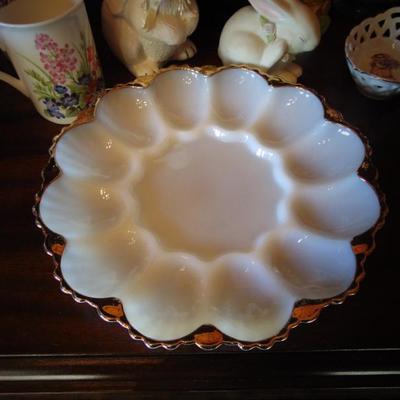 Assorted Glassware  4 Bone China Mugs,Milk glass Vase,Egg plate