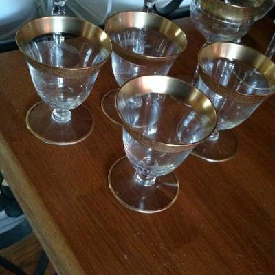 Set of 7 Mid Century Gold Rimmed Wine Glasses