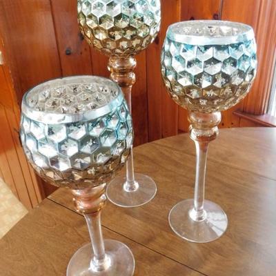 Set of 3 Large Honey Comb Color Glass Candle Goblets