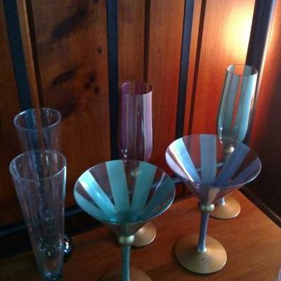 Set of Various Hand Painted Wine Flutes and Martini Glasses