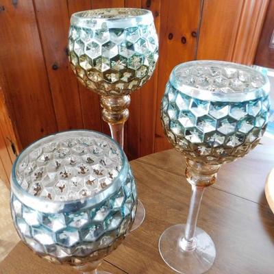 Set of 3 Large Honey Comb Color Glass Candle Goblets