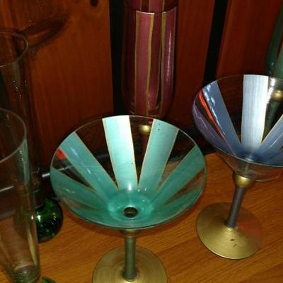 Set of Various Hand Painted Wine Flutes and Martini Glasses